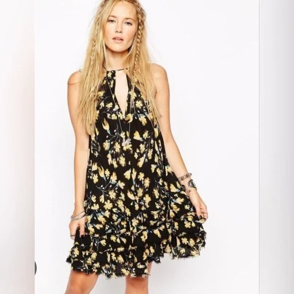 Free People Floral Mini Dress in Black and Yellow - Picture 1 of 9